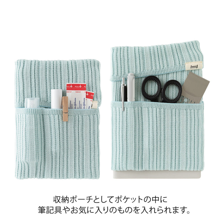 Midori Notebook’s HARAMAKI A6～B6 in Ice Blue, shown in packaging. A soft cable-knit pouch with flap cover, designed to wrap around a planner like a belly warmer, with stretchable pockets for pens and small essentials.