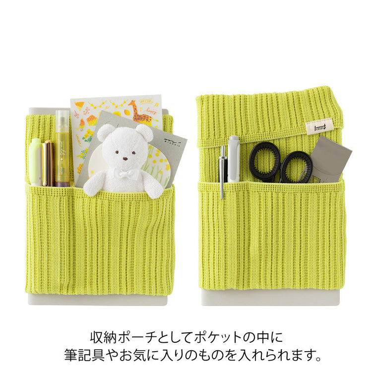 Midori Notebook’s HARAMAKI A6～B6 in Lime Yellow, shown in packaging. A soft cable-knit pouch with flap cover, designed to wrap around a planner like a belly warmer, with stretchable pockets for pens and small essentials.