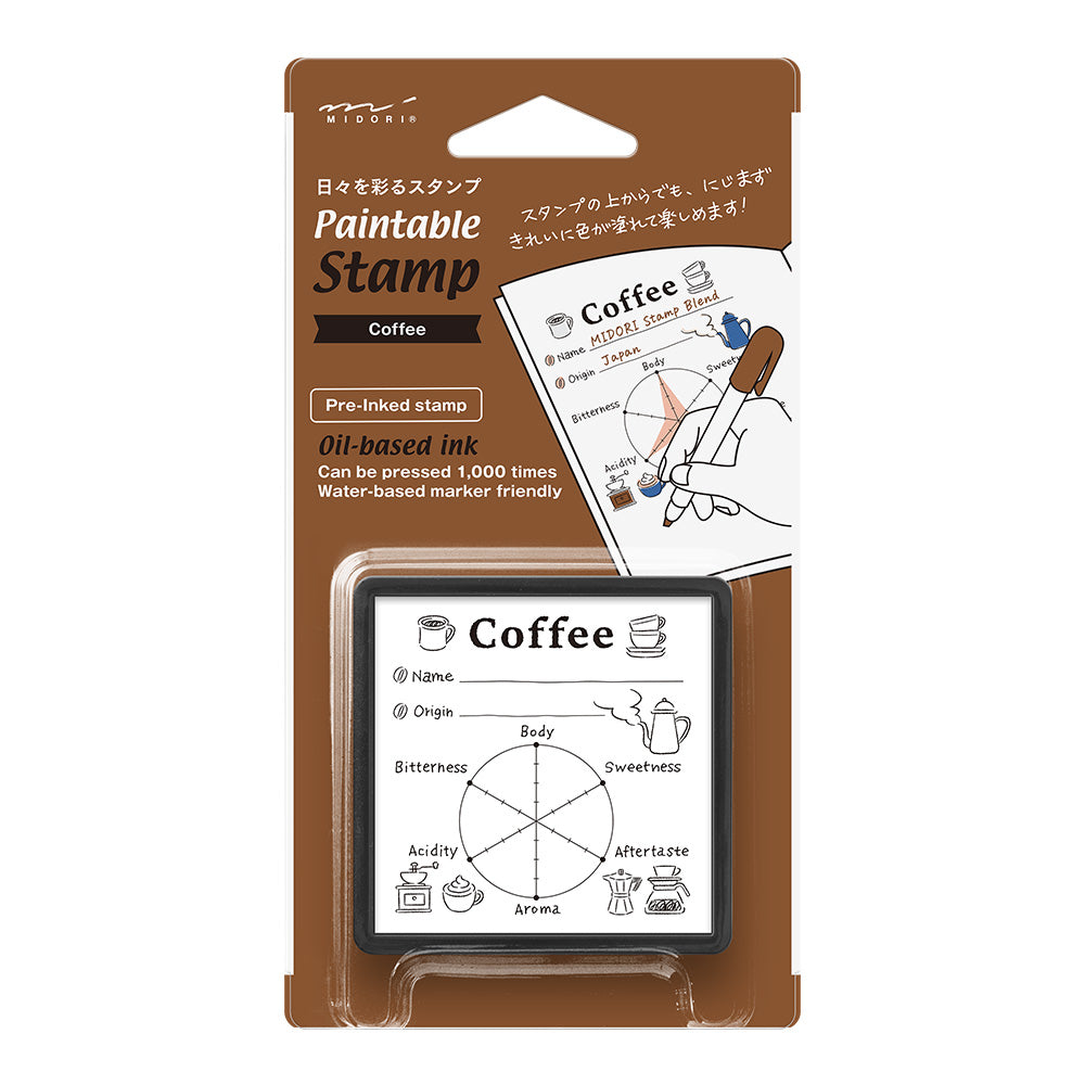 Midori Paintable Stamp Pre-inked – Coffee with flavor chart design for recording coffee names, origins, and tasting notes.