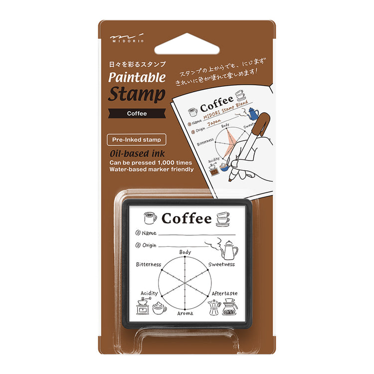 Midori Paintable Stamp Pre-inked – Coffee with flavor chart design for recording coffee names, origins, and tasting notes.
