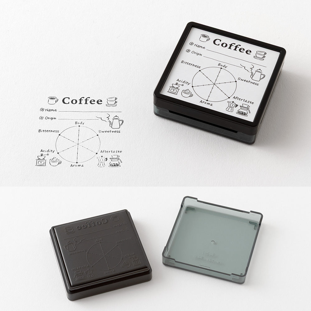 Midori Paintable Stamp Pre-inked – Coffee with flavor chart design for recording coffee names, origins, and tasting notes.