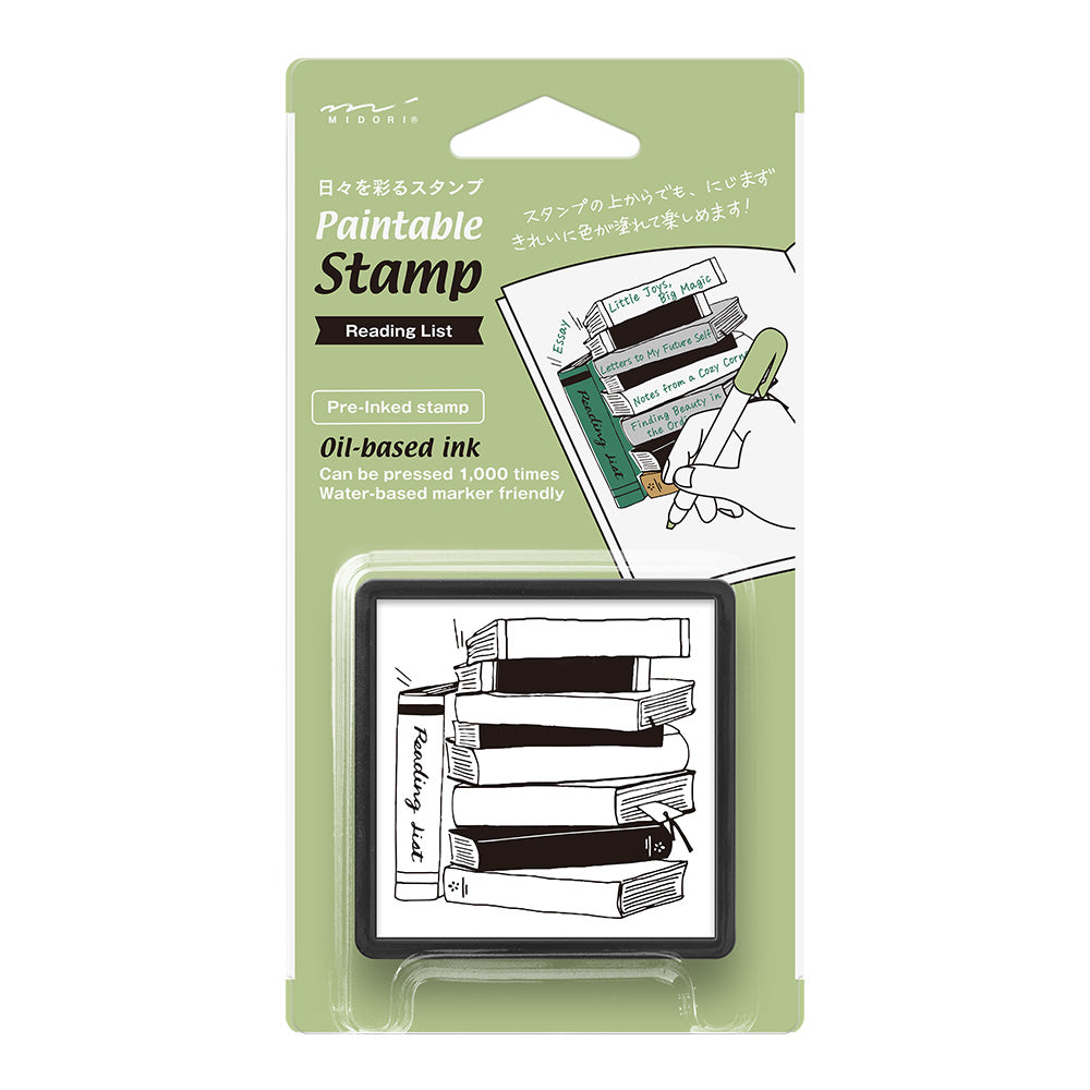 Midori Paintable Stamp Pre-inked – Reading List featuring bookshelf design to track books, genres, and reading progress.
