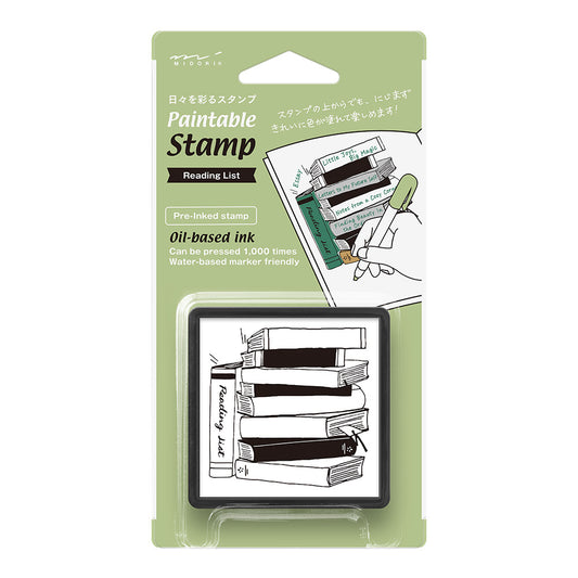 Midori Paintable Stamp Pre-inked – Reading List featuring bookshelf design to track books, genres, and reading progress.
