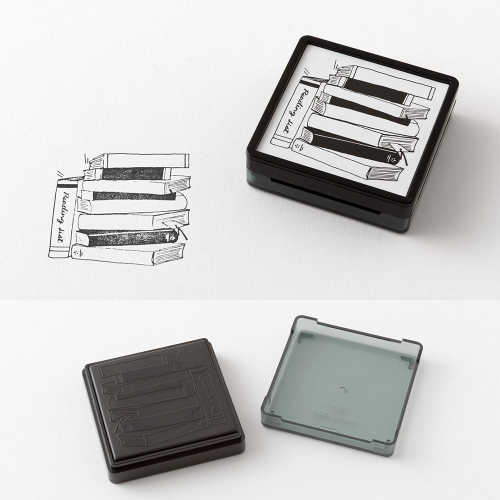 Midori Paintable Stamp Pre-inked – Reading List featuring bookshelf design to track books, genres, and reading progress.