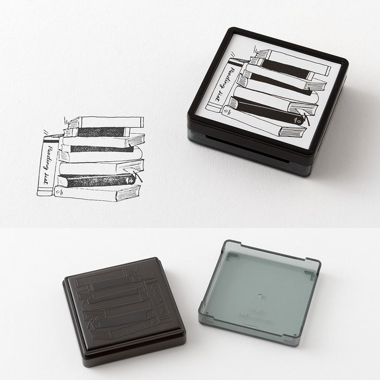 Midori Paintable Stamp Pre-inked – Reading List featuring bookshelf design to track books, genres, and reading progress.