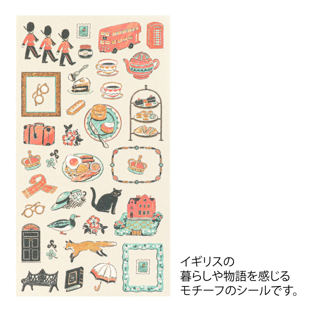 Sheet of Midori washi stickers illustrated by Yuuka Takamaru, featuring soft-toned British motifs such as teacups, flowers, patterned frames, and iconic landmarks. The elegant designs evoke the charm of British culture and are perfect for decorating planners and journals.