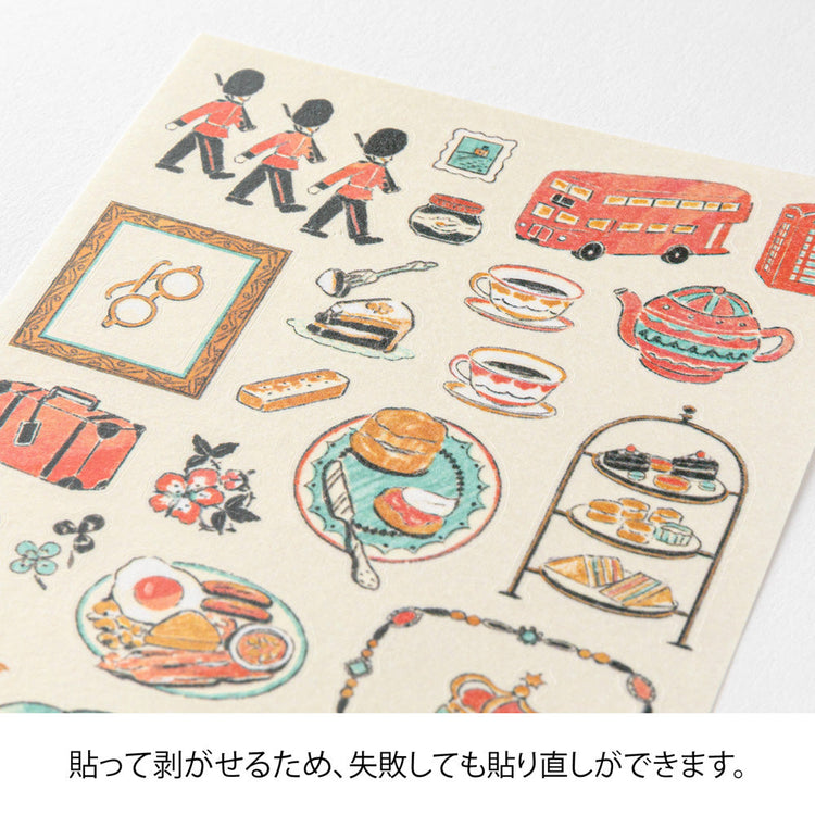 Sheet of Midori washi stickers illustrated by Yuuka Takamaru, featuring soft-toned British motifs such as teacups, flowers, patterned frames, and iconic landmarks. The elegant designs evoke the charm of British culture and are perfect for decorating planners and journals.