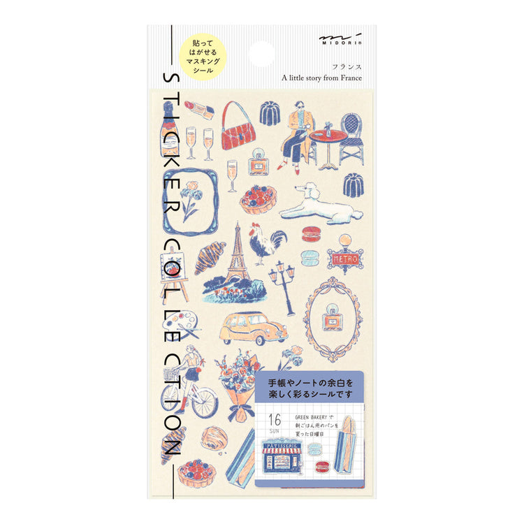 A sheet of Midori French Motifs washi stickers illustrated by Yuuka Takamaru, featuring  frame stickers with traditional patterns, along with distinctive motifs like local foods, animals, flowers, and landmarks. The soft pastel colors give the sheet an elegant and travel-inspired feel, ideal for decorating planners and notebooks.