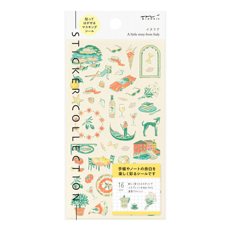 A sheet of Midori Italian Motifs washi stickers by Yuuka Takamaru, showcasing charming illustrations like pizza slices,, olive branches,wine and sea in soft pastel tones. The designs evoke the warmth and charm of Italy, perfect for planners and journals.