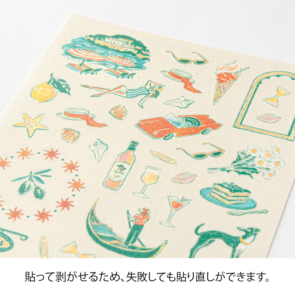 A sheet of Midori Italian Motifs washi stickers by Yuuka Takamaru, showcasing charming illustrations like pizza slices,, olive branches,wine and sea in soft pastel tones. The designs evoke the warmth and charm of Italy, perfect for planners and journals.