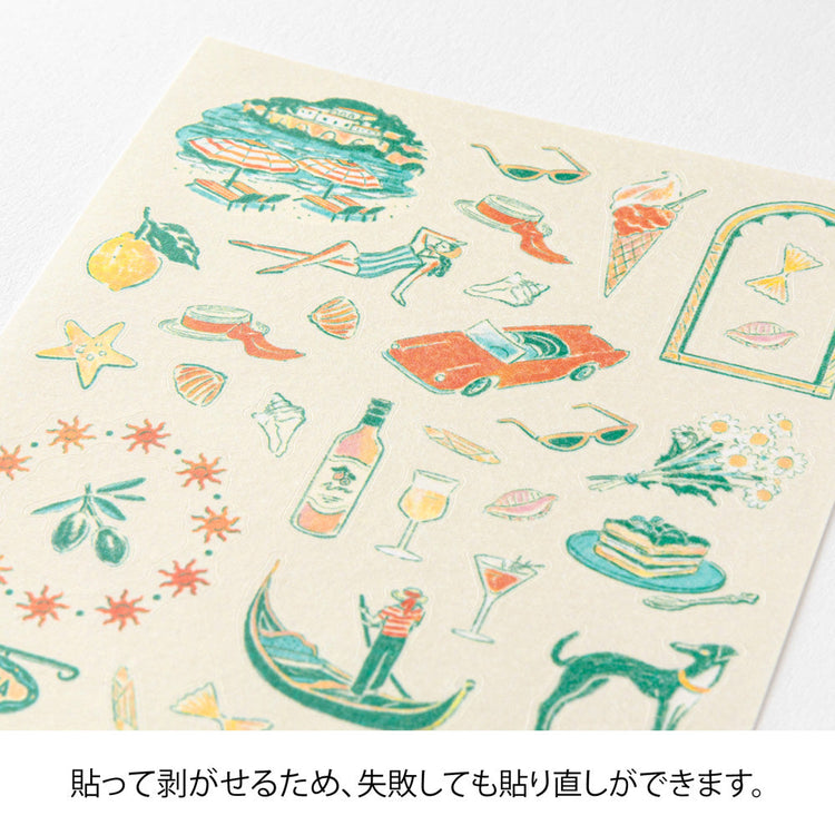 A sheet of Midori Italian Motifs washi stickers by Yuuka Takamaru, showcasing charming illustrations like pizza slices,, olive branches,wine and sea in soft pastel tones. The designs evoke the warmth and charm of Italy, perfect for planners and journals.