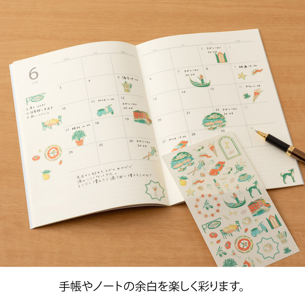 A sheet of Midori Italian Motifs washi stickers by Yuuka Takamaru, showcasing charming illustrations like pizza slices,, olive branches,wine and sea in soft pastel tones. The designs evoke the warmth and charm of Italy, perfect for planners and journals.