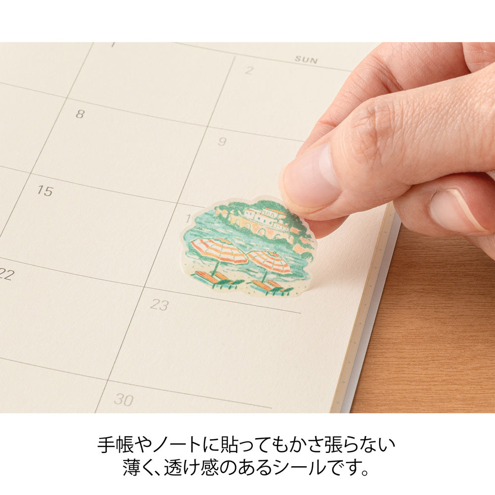 A sheet of Midori Italian Motifs washi stickers by Yuuka Takamaru, showcasing charming illustrations like pizza slices,, olive branches,wine and sea in soft pastel tones. The designs evoke the warmth and charm of Italy, perfect for planners and journals.