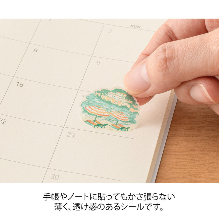 A sheet of Midori Italian Motifs washi stickers by Yuuka Takamaru, showcasing charming illustrations like pizza slices,, olive branches,wine and sea in soft pastel tones. The designs evoke the warmth and charm of Italy, perfect for planners and journals.