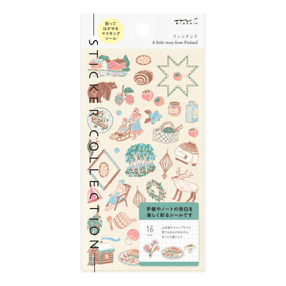 A sheet of Midori Finnish Motifs washi stickers by Yuuka Takamaru, with illustrations of reindeer, Nordic cottages, pine trees, berries, and folk embroidery patterns. The soft, pastel palette evokes the peaceful charm and traditions of Finland.