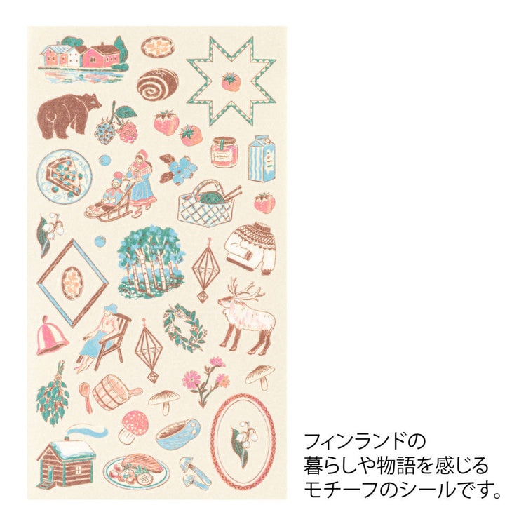 A sheet of Midori Finnish Motifs washi stickers by Yuuka Takamaru, with illustrations of reindeer, Nordic cottages, pine trees, berries, and folk embroidery patterns. The soft, pastel palette evokes the peaceful charm and traditions of Finland.