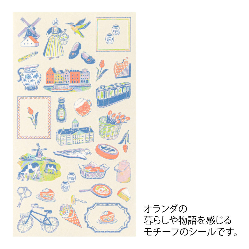 A sheet of Midori Dutch Motifs washi stickers illustrated by Yuuka Takamaru, with charming designs of tulips, windmills, bicycles, clogs, and folk-style frames in soft pastel tones, evoking the cheerful spirit of the Netherlands.