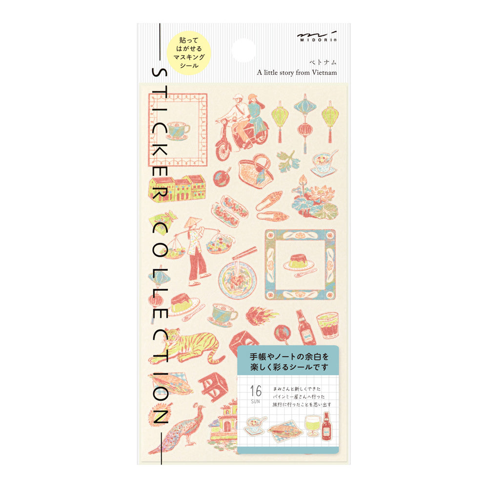 A sheet of Midori Sticker 2718 featuring delicate washi stickers of Vietnamese motifs, including conical hats, lotus flowers, foods, and traditional frame patterns in Yuuka Takamaru’s soft, pastel color palette.