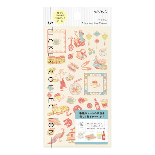 A sheet of Midori Sticker 2718 featuring delicate washi stickers of Vietnamese motifs, including conical hats, lotus flowers, foods, and traditional frame patterns in Yuuka Takamaru’s soft, pastel color palette.