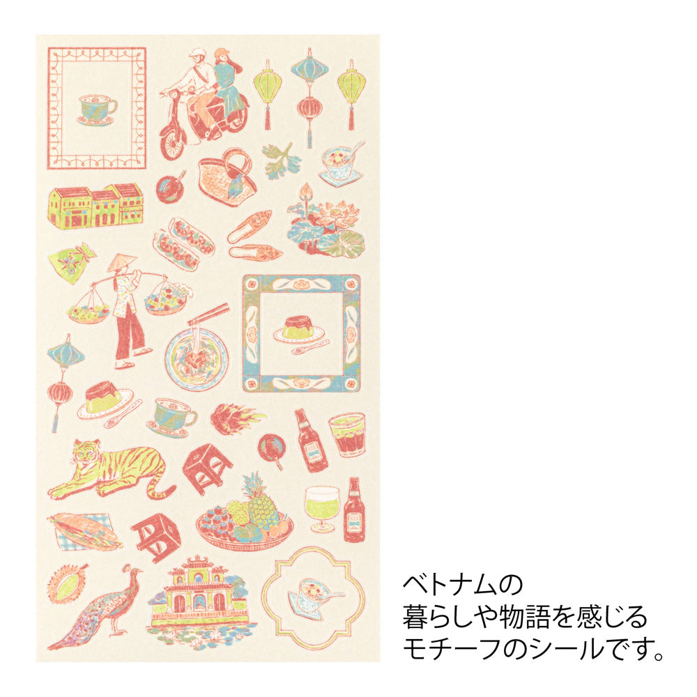 A sheet of Midori Sticker 2718 featuring delicate washi stickers of Vietnamese motifs, including conical hats, lotus flowers, foods, and traditional frame patterns in Yuuka Takamaru’s soft, pastel color palette.