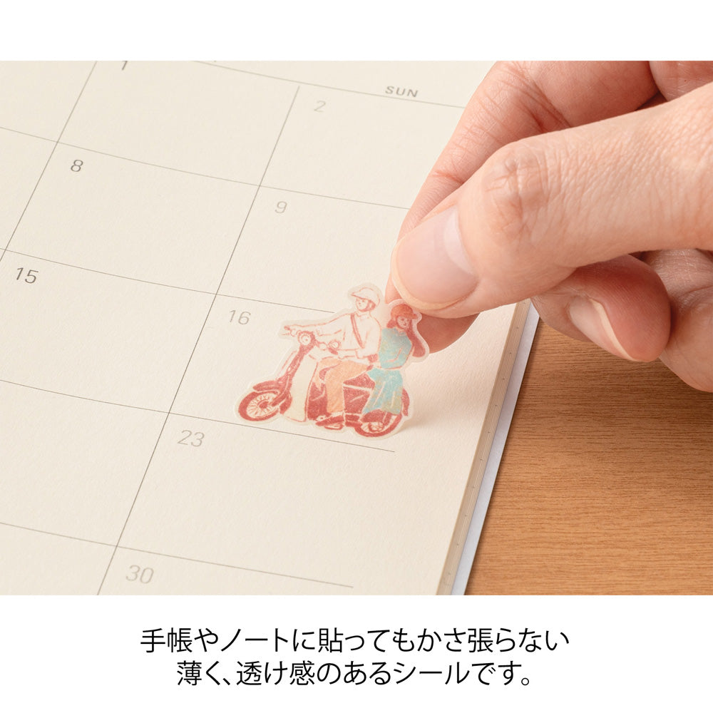 A sheet of Midori Sticker 2718 featuring delicate washi stickers of Vietnamese motifs, including conical hats, lotus flowers, foods, and traditional frame patterns in Yuuka Takamaru’s soft, pastel color palette.