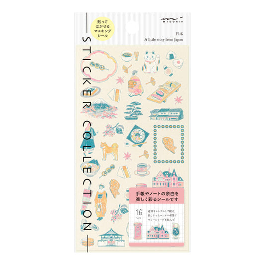 A sheet of Midori Sticker 2719 featuring delicate washi stickers of Japanese motifs, including cherry blossoms, Mount Fuji, seasonal foods, and traditional frame patterns in Yuuka Takamaru’s soft, pastel color palette.