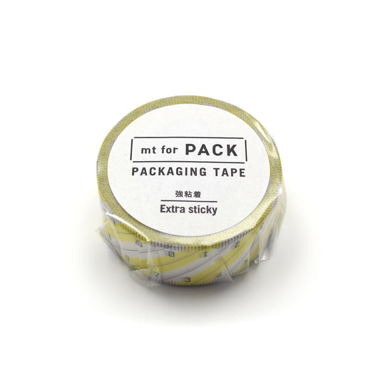 MT For Pack Permanent Tape – Stripe Ruler showing a roll of washi tape with a ruler-style stripe pattern in neutral tones, designed for strong adhesion and packaging use.