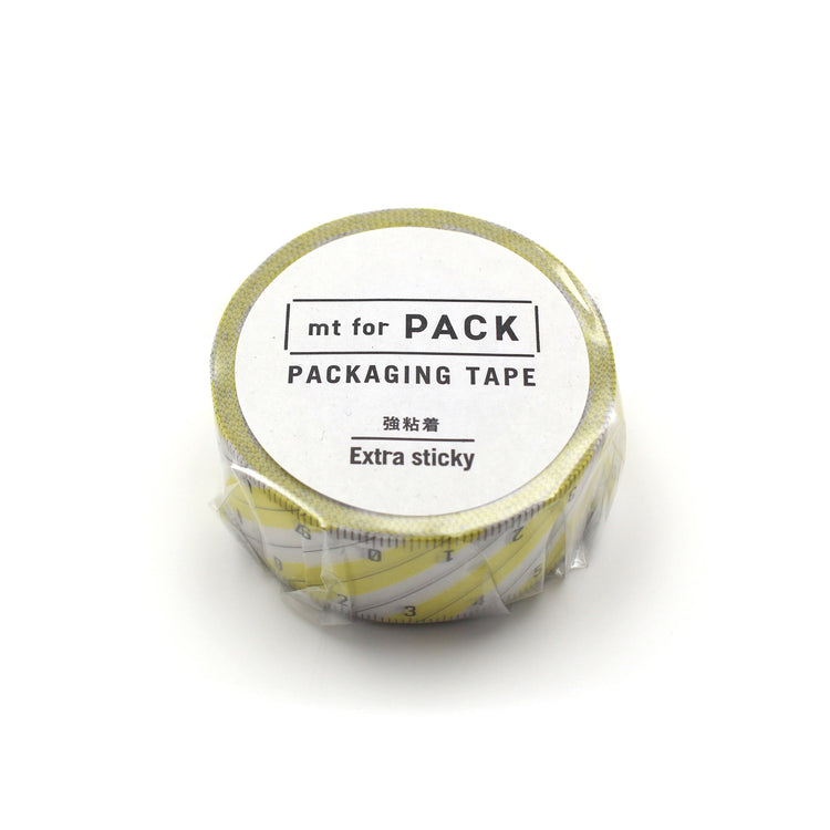MT For Pack Permanent Tape – Stripe Ruler showing a roll of washi tape with a ruler-style stripe pattern in neutral tones, designed for strong adhesion and packaging use.