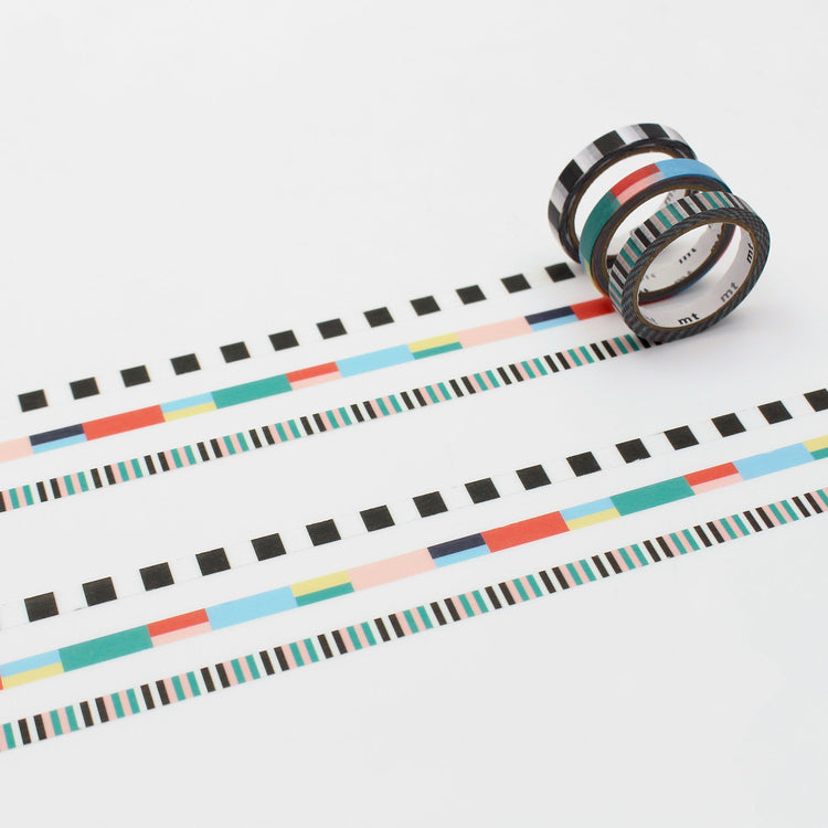 MT Slim × Papier Tigre Washi Tape – Rubans showing a 3-roll set of colorful slim washi tapes with geometric ribbon patterns in red, blue, green, and black stripes.