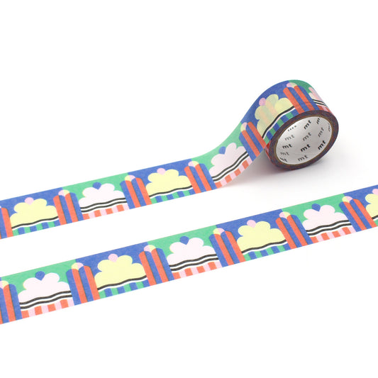 MT × Papier Tigre Write and Draw Washi Tape – Ice featuring bright geometric ice-inspired patterns in blue, green, yellow, and coral on Japanese washi paper.