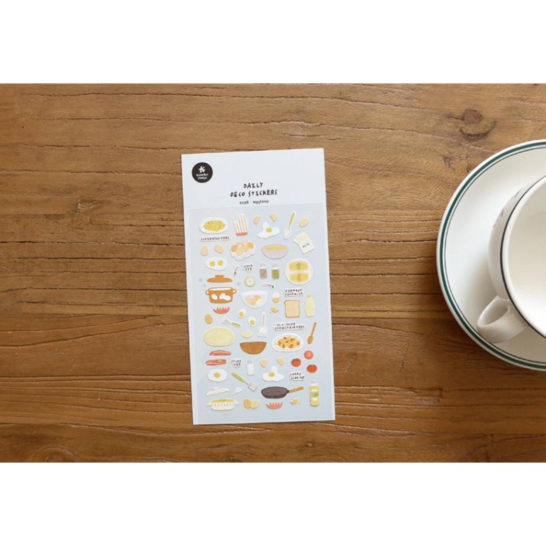 Suatelier Daily Deco Sticker Eggtime sheet featuring hand-drawn eggs, frying pans, and breakfast cooking motifs.