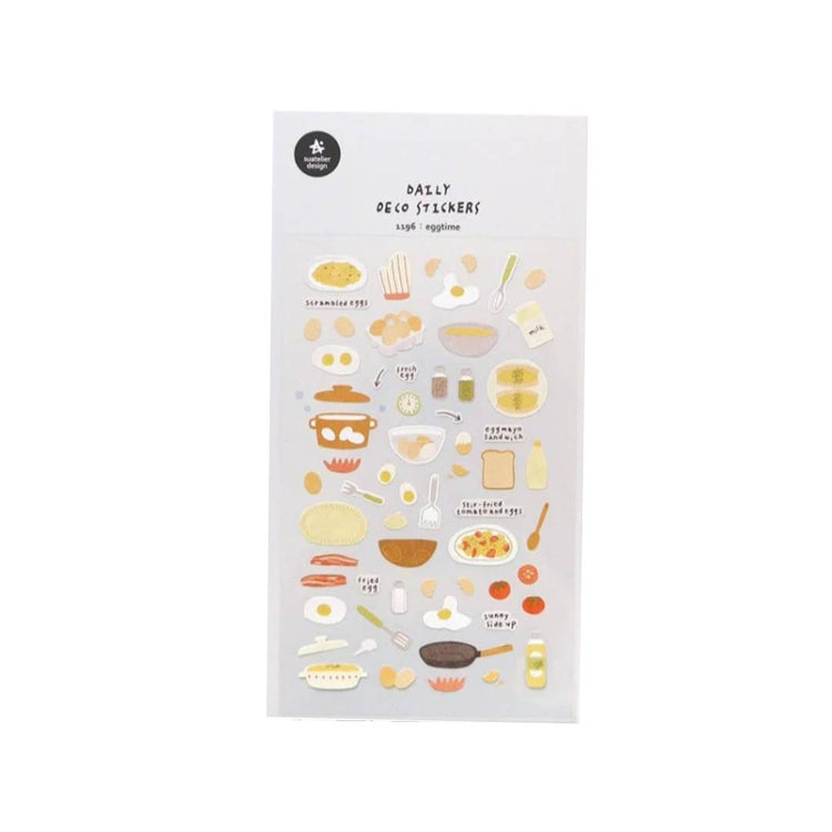 Suatelier Daily Deco Sticker Eggtime sheet featuring hand-drawn eggs, frying pans, and breakfast cooking motifs.