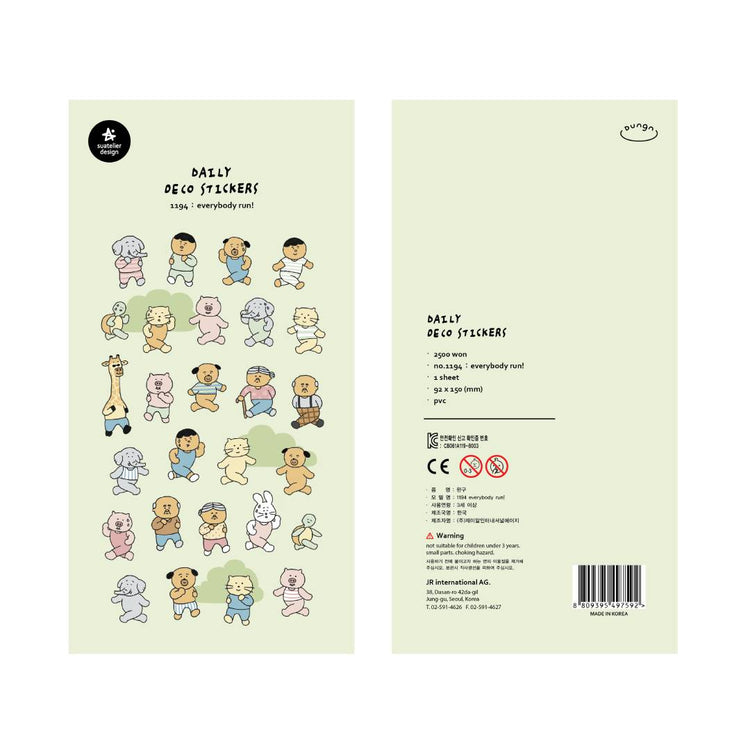 A sheet of decorative stickers featuring hand-drawn people and animals running in different poses, with playful expressions and pastel colors—ideal for adding humor and movement to journals or planners.