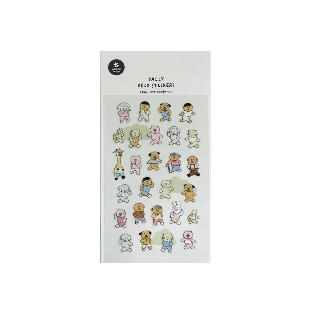 A sheet of decorative stickers featuring hand-drawn people and animals running in different poses, with playful expressions and pastel colors—ideal for adding humor and movement to journals or planners.