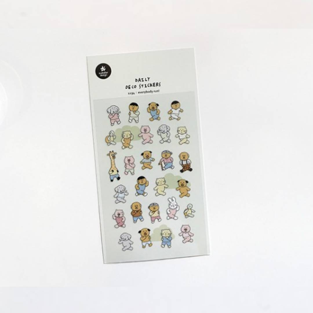 A sheet of decorative stickers featuring hand-drawn people and animals running in different poses, with playful expressions and pastel colors—ideal for adding humor and movement to journals or planners.