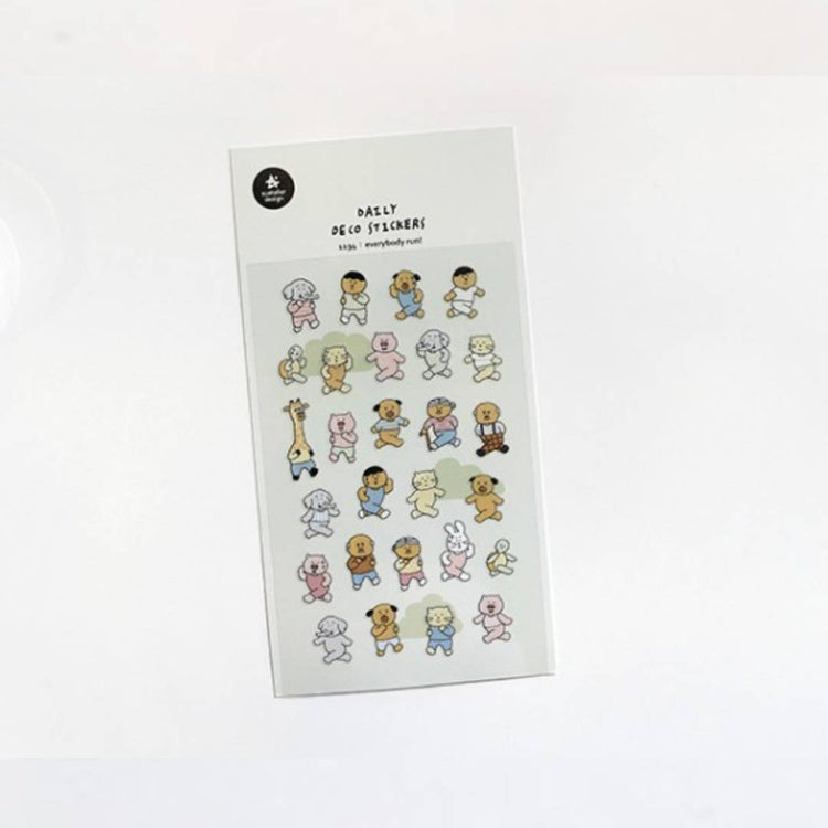 A sheet of decorative stickers featuring hand-drawn people and animals running in different poses, with playful expressions and pastel colors—ideal for adding humor and movement to journals or planners.