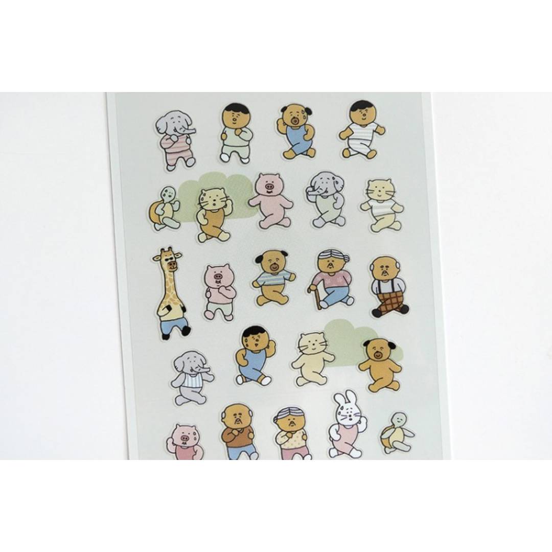 A sheet of decorative stickers featuring hand-drawn people and animals running in different poses, with playful expressions and pastel colors—ideal for adding humor and movement to journals or planners.