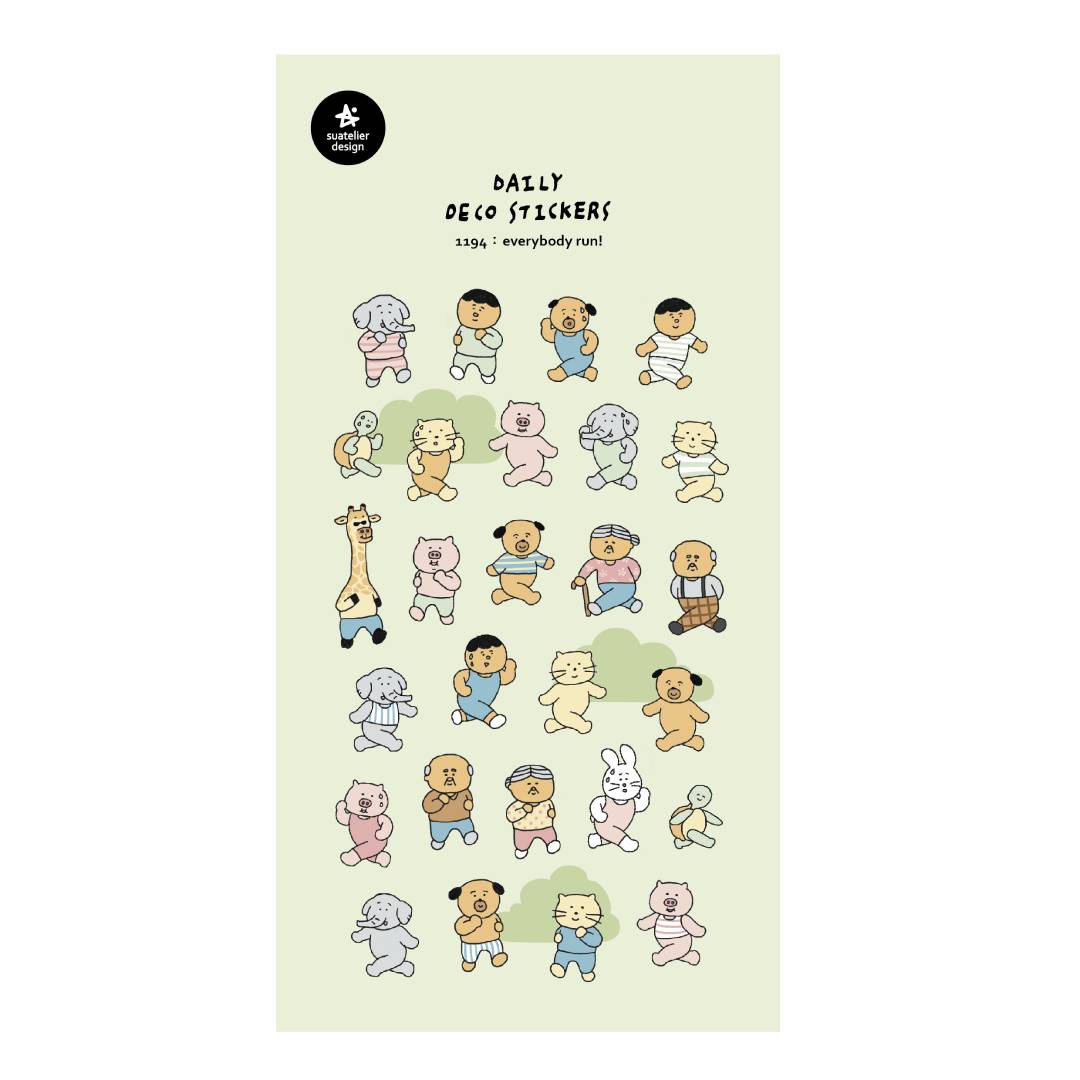 A sheet of decorative stickers featuring hand-drawn people and animals running in different poses, with playful expressions and pastel colors—ideal for adding humor and movement to journals or planners.