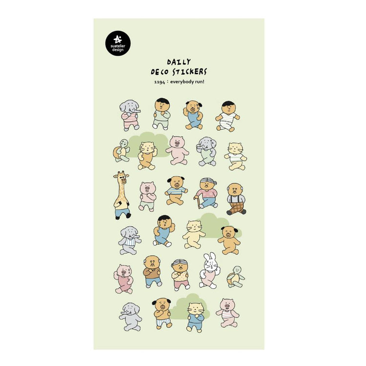 A sheet of decorative stickers featuring hand-drawn people and animals running in different poses, with playful expressions and pastel colors—ideal for adding humor and movement to journals or planners.