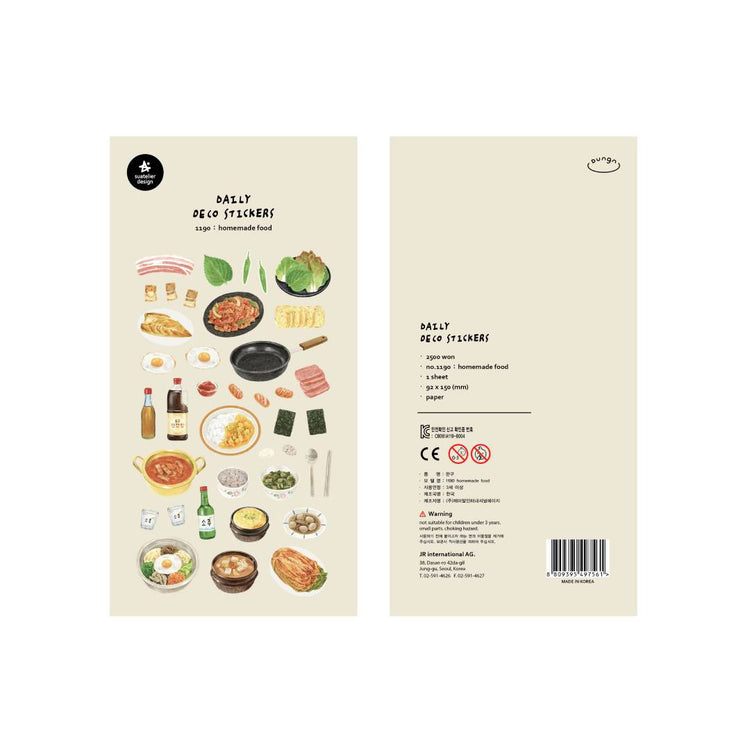 Suatelier Daily Deco Sticker sheet – Homemade Food theme with illustrated Korean dishes like bibimbap, kimchi, and side dishes.