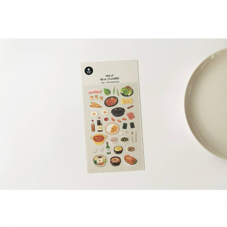 Suatelier Daily Deco Sticker sheet – Homemade Food theme with illustrated Korean dishes like bibimbap, kimchi, and side dishes.