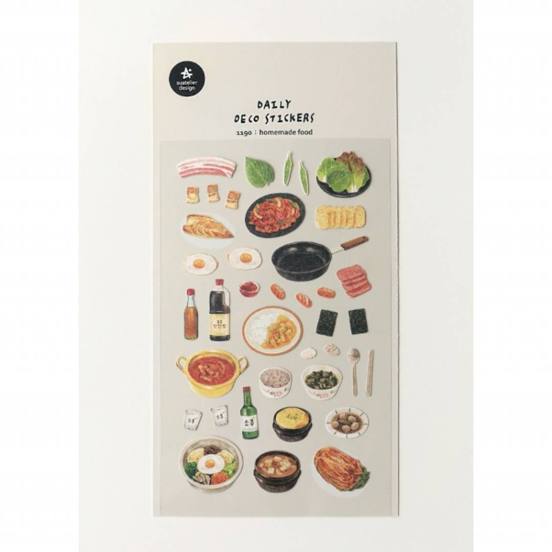 Suatelier Daily Deco Sticker sheet – Homemade Food theme with illustrated Korean dishes like bibimbap, kimchi, and side dishes.