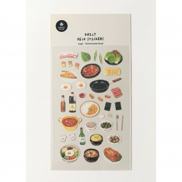 Suatelier Daily Deco Sticker sheet – Homemade Food theme with illustrated Korean dishes like bibimbap, kimchi, and side dishes.