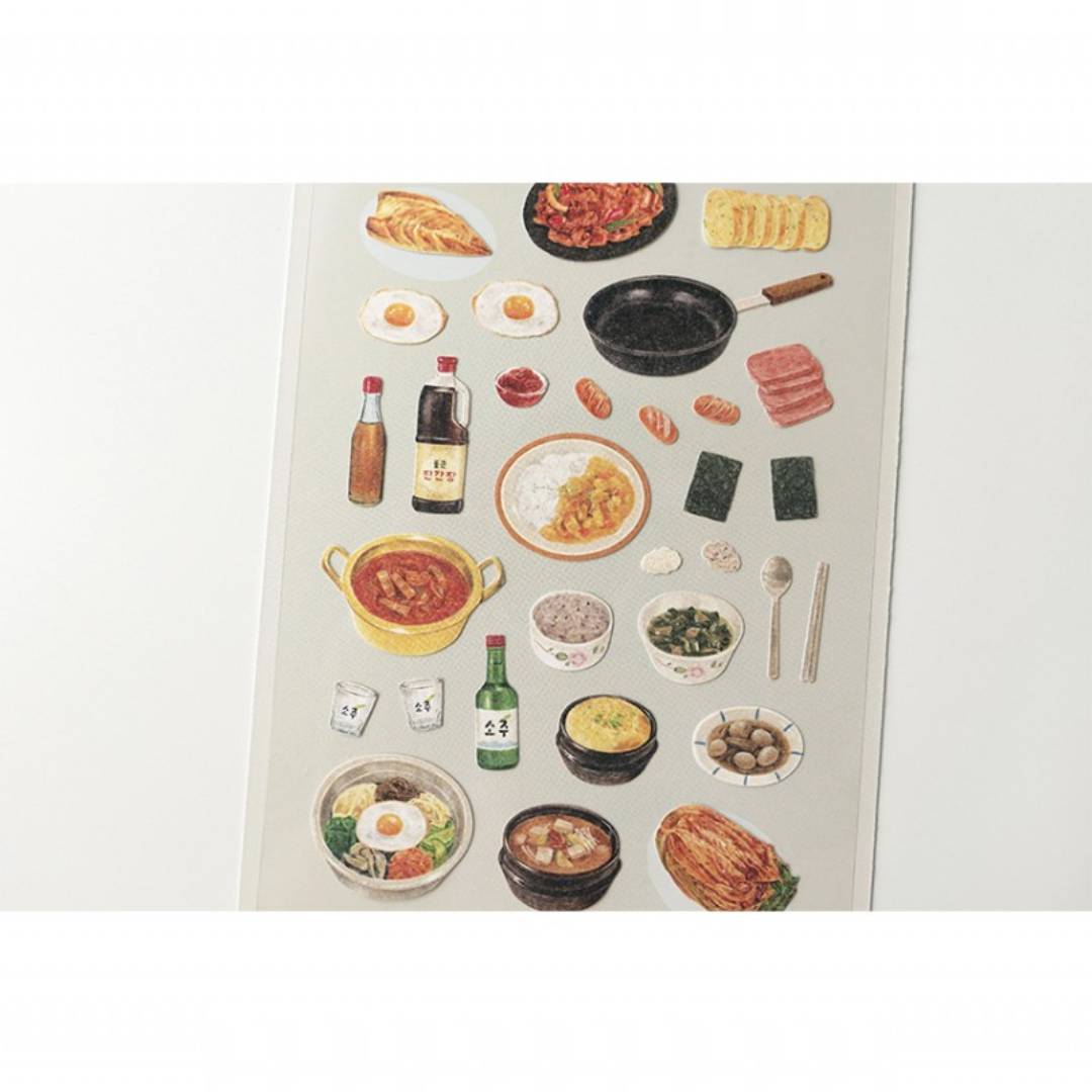 Suatelier Daily Deco Sticker sheet – Homemade Food theme with illustrated Korean dishes like bibimbap, kimchi, and side dishes.