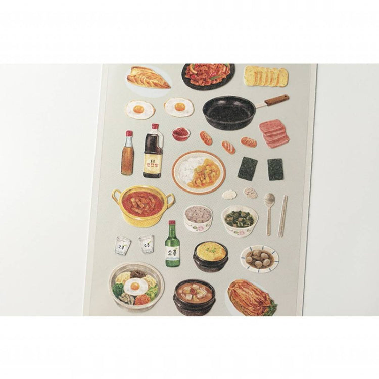 Suatelier Daily Deco Sticker sheet – Homemade Food theme with illustrated Korean dishes like bibimbap, kimchi, and side dishes.