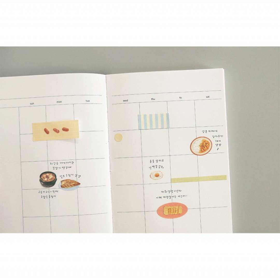 Suatelier Daily Deco Sticker sheet – Homemade Food theme with illustrated Korean dishes like bibimbap, kimchi, and side dishes.