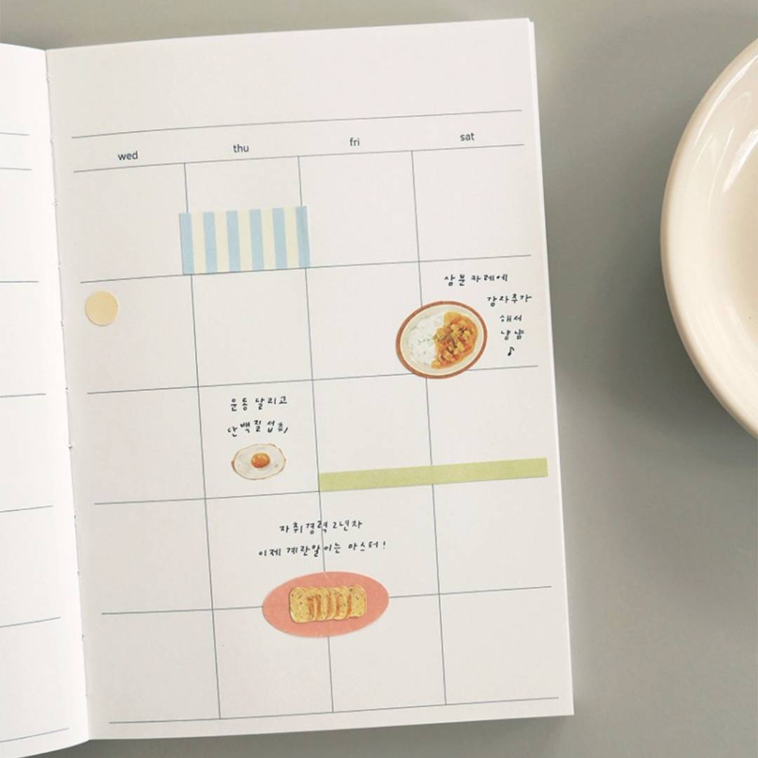 Suatelier Daily Deco Sticker sheet – Homemade Food theme with illustrated Korean dishes like bibimbap, kimchi, and side dishes.