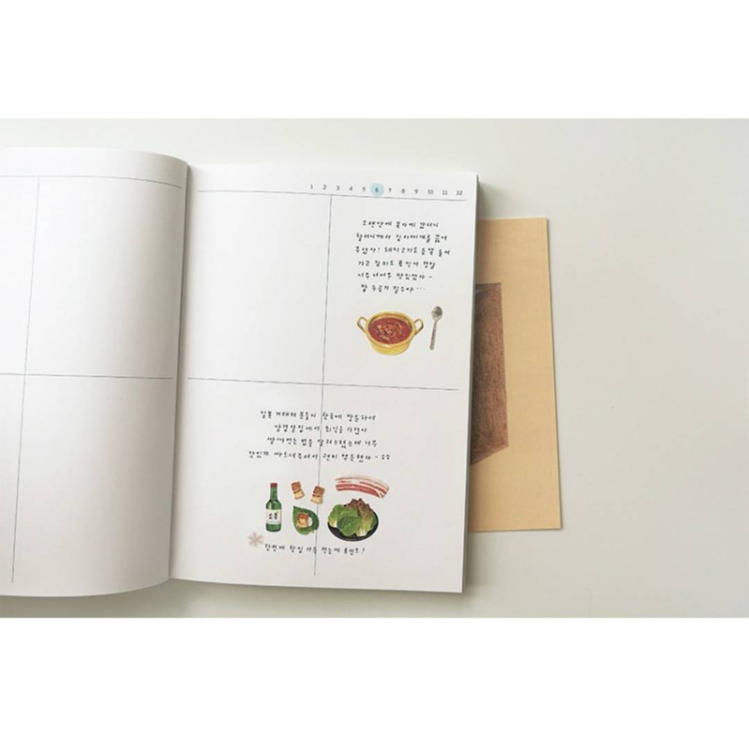 Suatelier Daily Deco Sticker sheet – Homemade Food theme with illustrated Korean dishes like bibimbap, kimchi, and side dishes.