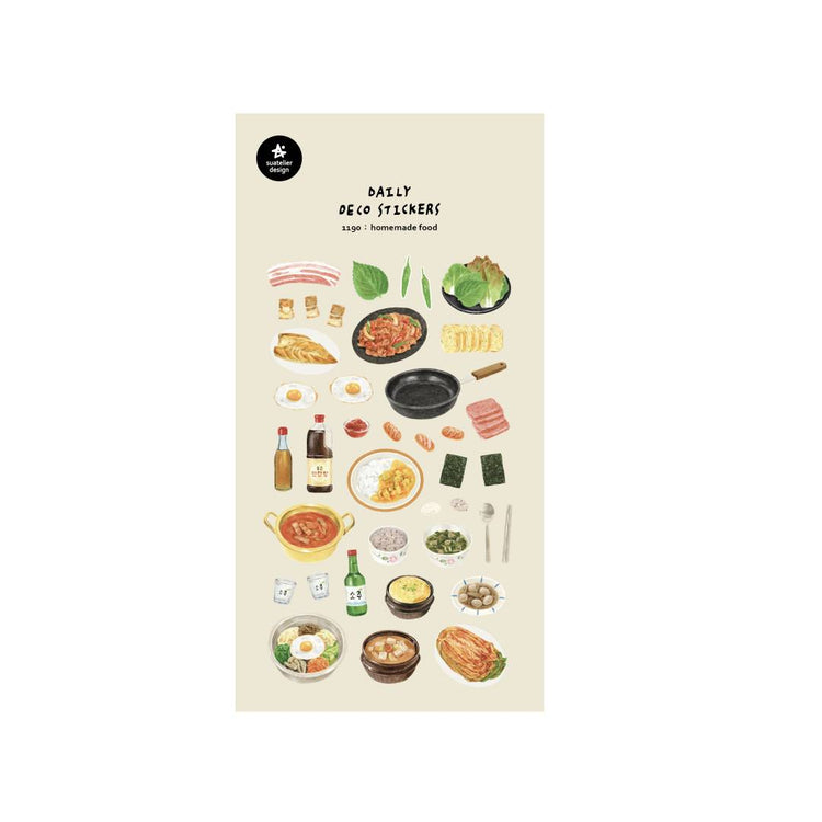 Suatelier Daily Deco Sticker sheet – Homemade Food theme with illustrated Korean dishes like bibimbap, kimchi, and side dishes.