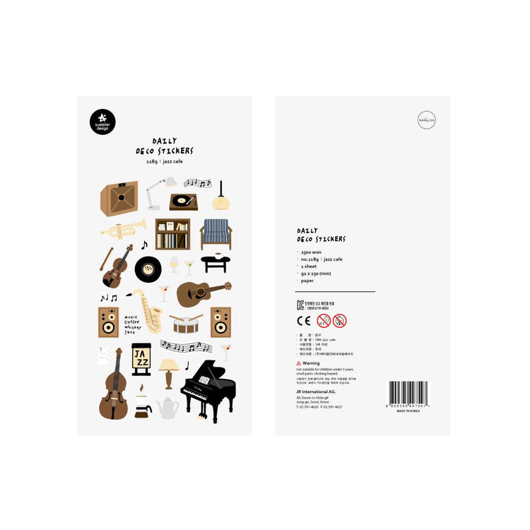 Suatelier Daily Deco Sticker sheet – Jazz Cafe theme with illustrated musical instruments and cozy café items.
